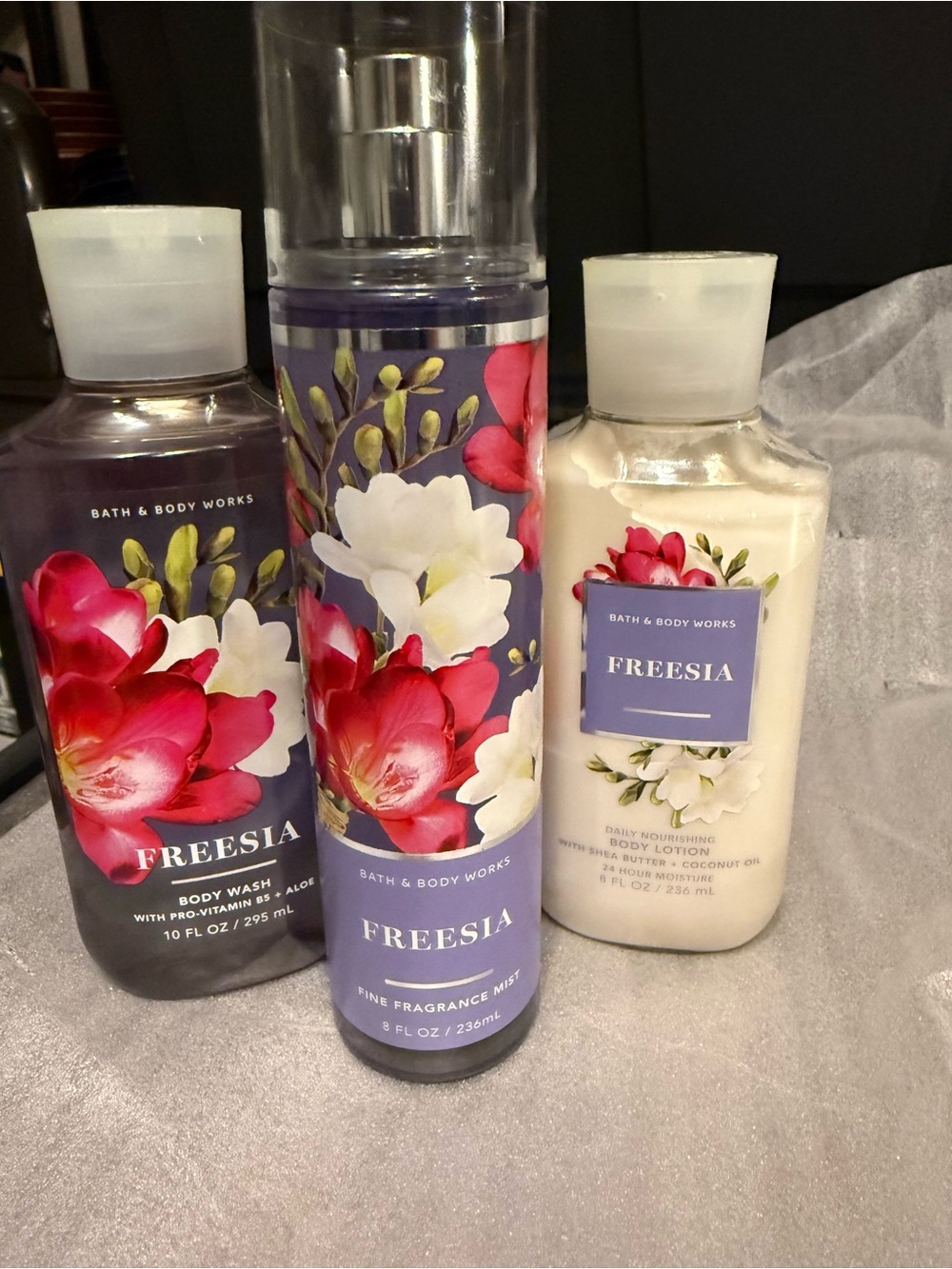 Bath & Body Works Freesia Body Wash, Mist & Lotion Set - Purple, White, Red